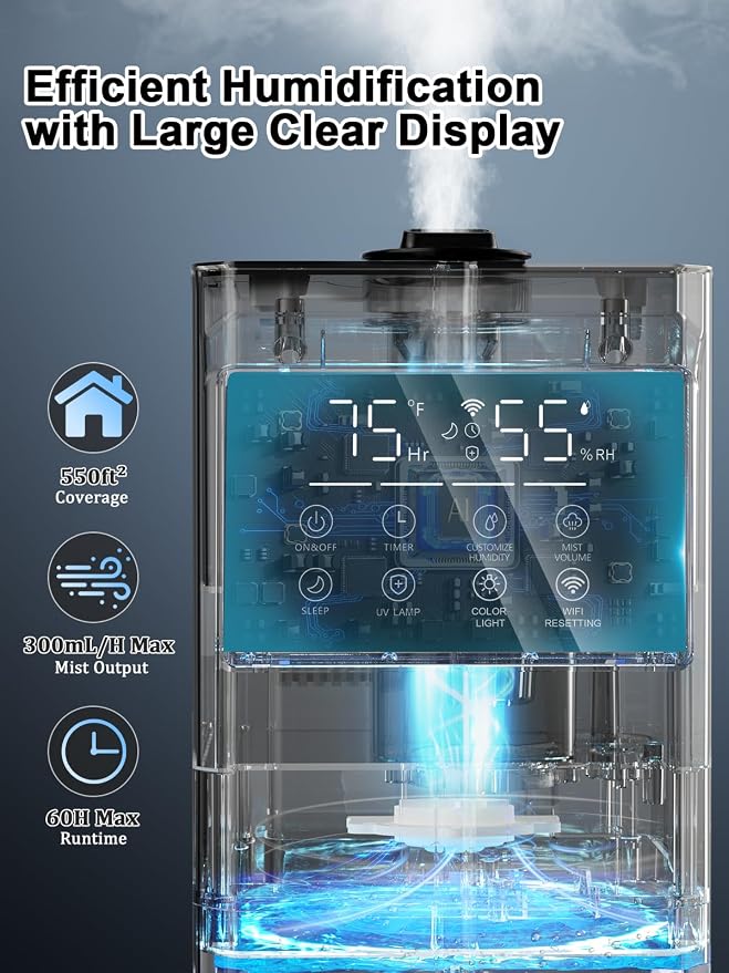 9L/2.4Gal Smart Cool Mist Humidifier, Top Fill Quiet Humidifier Large Room, Covers 550ft², App & Remote Control, 60H Runtime, 7 Colors Light, 4 Mist Modes Humidifiers for Bedroom, Office, Black - Image 4