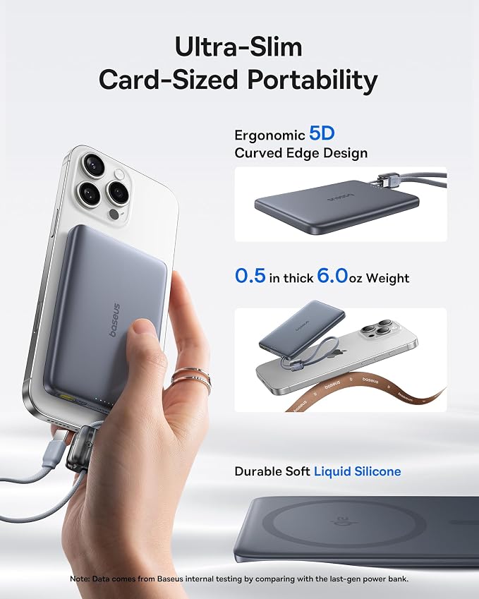 Baseus Picogo Qi2 15W Magsafe Portable Charger, 0.5" Ultra Slim 10000mAh Wireless Power Bank with 27W Built-in USB-C Cable, Magnetic Battery Pack for iPhone 17 Pro Max/17 Pro/Air/16/15/14/13/12 - Image 2