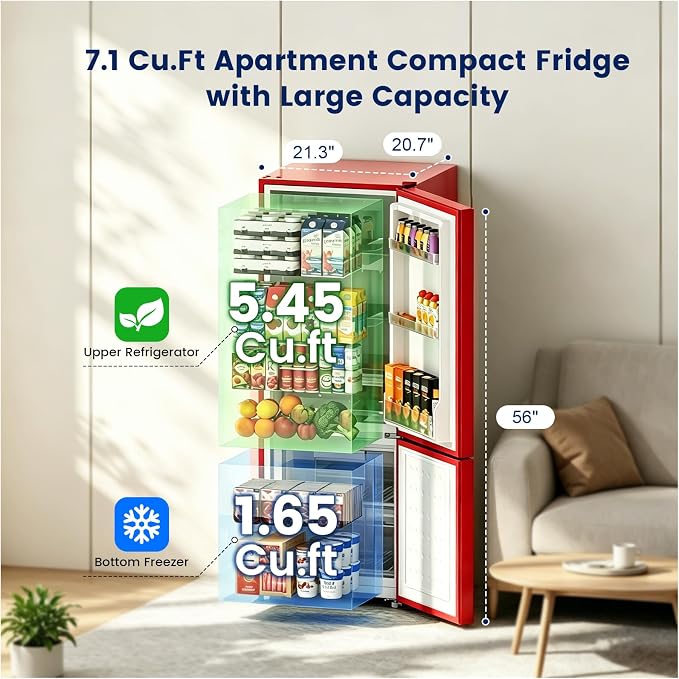 Apartment 7.1 Cu.Ft Refrigerator with Bottom Freezer Red | Office Fridge with Bottom Freezer, Large Capacity, Energy Saving, Adjustable Thermostat, Low Noise - Image 3