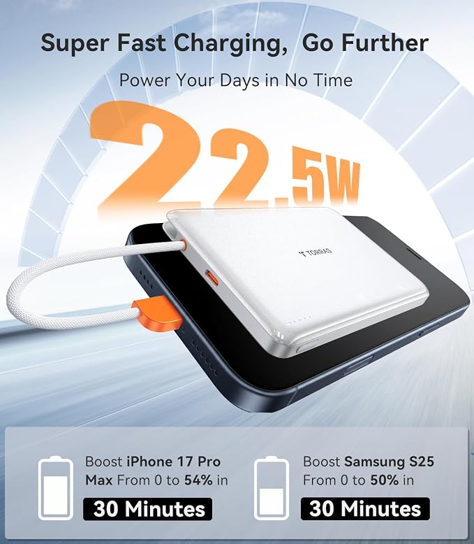 TORRAS Power Bank with Built-in USB-C Cable (No-Wireless), Ultra-Slim 10,000mAh Portable Charger USB C, 22.5W Fast Charging Battery Pack for iPhone 17/16/15 Series, Phone air, Galaxy, Pixel, White - Image 4