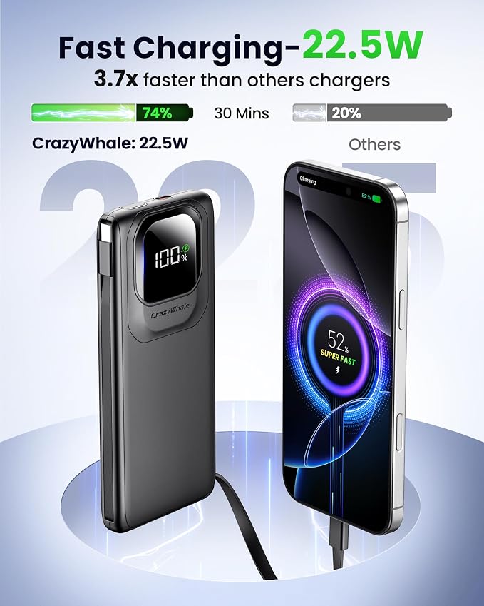 Portable Charger Power Bank with Built-in Type C Cables, 22.5W Fast Charging 10000mAh Phone Charger, Travel Battery Pack Slim Battery Bank with LED Display for iPhone, Android & USB-C (Black) - Image 3