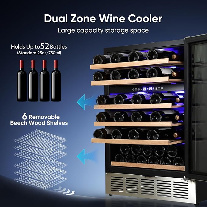 24 Inch Wine Cooler Refrigerator, 52 Bottle Dual Zone Wine Fridge with Stainless Steel Glass Door, Adjustable Shelves, Upgraded Compressor, Built-In Freestanding for Home, Bar, Kitchen - Image 3