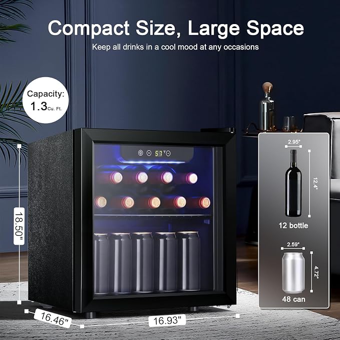 Antarctic Star 12 Bottle 48 Can Wine Cooler/Cabinet Beverage Refrigerator Mini Fridge Low Noise Clear Glass Door Counter Top Cellar for Beer Soda Bar 1.3 cu.ft Black | 12 Bottle 48 Can capacity, Low Noise Clear Glass Door, Counter-top, for Beer Soda Bar - Image 2
