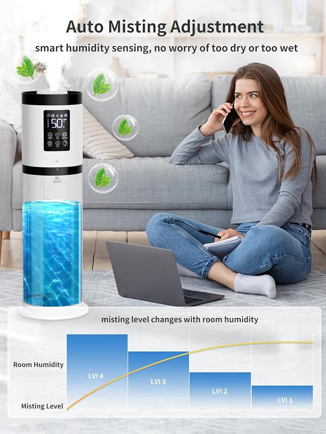 8L Humidifiers for Bedroom, 30dB Quiet, 500ft² Coverage, 60H Runtime, Top Fill, 3-in-1 Humidifier Large Room & Essential Oil Diffuser & Ambient Light, Sleep Mode, 16H Timer, Auto Shutoff Protection - Image 8