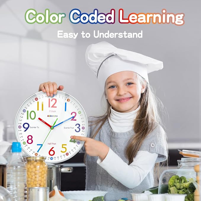 Wall Clock for Kids Learning Tell Time Easily Non-Ticking Battery Operated Kids - Image 3