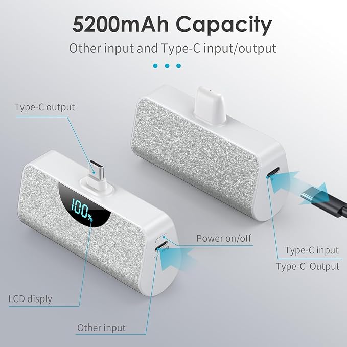 [2-Pack]Portable Charger for iPhone 17/16/15,5200mAh PD USB C Power Bank Built-in USB-C Connector,Battery Pack Compatible with iPhone 17/17 Pro/17 Pro Max/16/15 Series,Android-Graphite Black+White - Image 5
