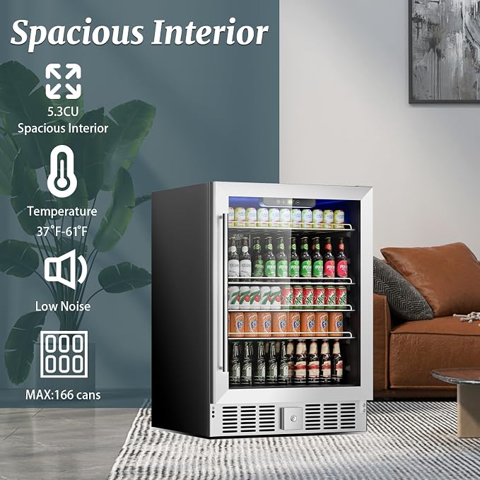 Stopasd Beverage Refrigerator Cooler, 5.3 Cu.Ft/166 Can Drink Fridge with Adjustable Shelves & Glass Door for Soda Wine Beer, Quiet Undercounter Small Fridge for Home/Office/Bar/Garage(37-61 ℉),Sliver - Image 5