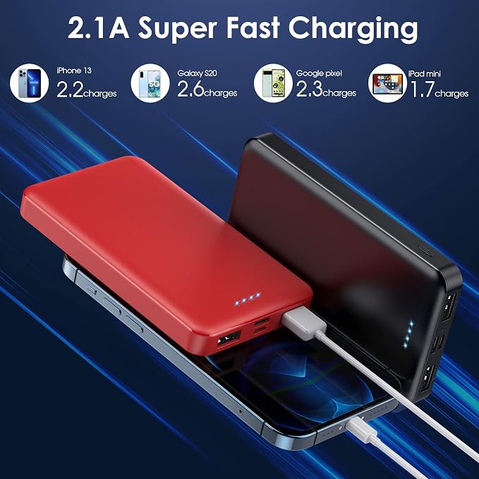 [2 Pack] Portable Charger Power Bank 10000mAh,Ultra Slim Compact External Battery Pack with USB C Input & Dual USB Outputs Backup Charger Compatible with iPhone 13,12, Samsung S20,Tablet-Black+Red - Image 2