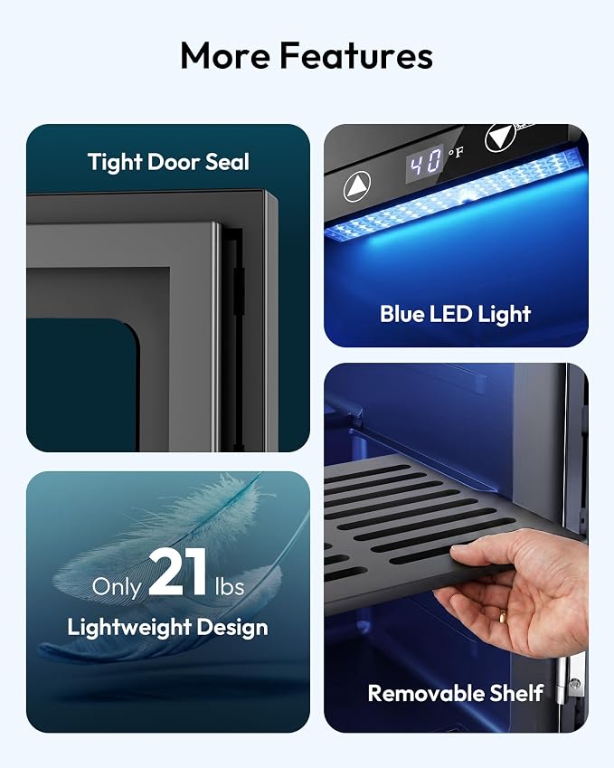 EUHOMY 18L Beverage Refrigerator Cooler, 24 Cans Mini Fridge with Quiet Compressor, Countertop Small Fridge with 40°F-61°F Digital Temperature Control, LED Lgiht for Home, Bar, Office - Image 7