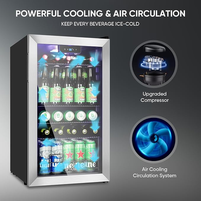 3.2 Cu.Ft Beverage Refrigerator, 130 Can Mini Fridge with Glass Door & Digital Temperature Control, Compressor Cooling Freestanding Cooler for Soda, Beer, Wine, Home, Office & Bar - Silver - Image 3