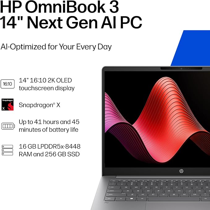 HP OmniBook 3 14 inch Next Gen AI PC, 2K Display, Snapdragon X X1-26-100, 16 GB RAM, 256 GB SSD, Qualcomm Adreno GPU, Windows 11 Home, Nouvelle Silver, 14-hz0288nr - Image 2
