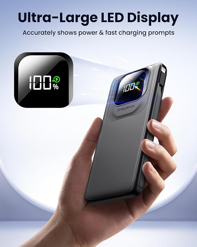 Portable Charger Power Bank with Built-in Type C Cables, 22.5W Fast Charging 10000mAh Phone Charger, Travel Battery Pack Slim Battery Bank with LED Display for iPhone, Android & USB-C (Black) - Image 8
