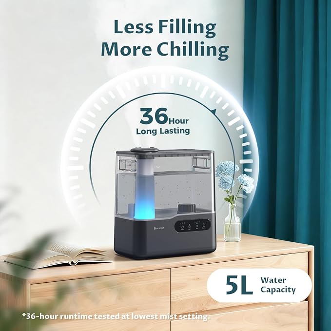 BREEZOME 5L Humidifiers for Bedroom Large Room, 36H Top Fill Cool Mist Humidifier with Essential Oil Tray, 7-Color Mood Light, Timer, Quiet Ultrasonic Humidifier for Home, Baby Nursery, Plants - Image 3