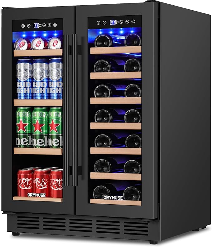 24" Dual Zone Wine & Beverage Refrigerator – Under Counter Cooler with Upgraded Cooling & Blue LED Light, Hold 20 Bottles and 88 Cans Large Capacity Wine Fridge, Built-In or Freestanding – Black by ORYMUSE