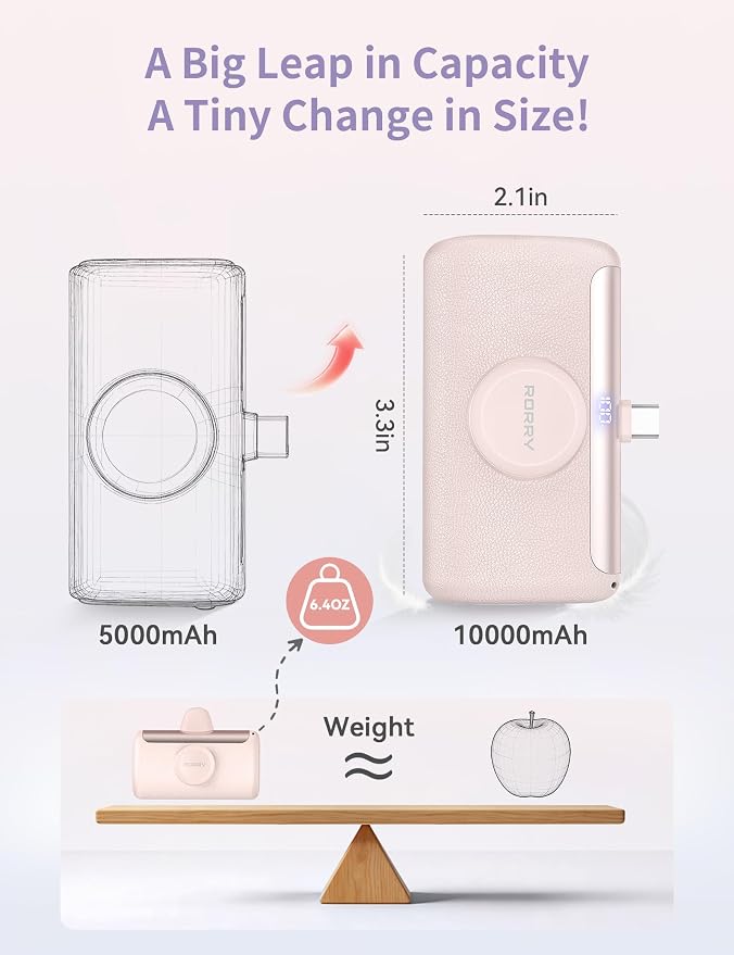 RORRY PalmGo Portable Charger, 10000mAh PD 22.5W Fast Charging Mini Power Bank with Built-in USB C Connector, 3-in-1 Battery Pack for iPhone 17/16/15 Pro/Max, Apple Watch Ultra/11/10/SE, iPad, White - Image 3