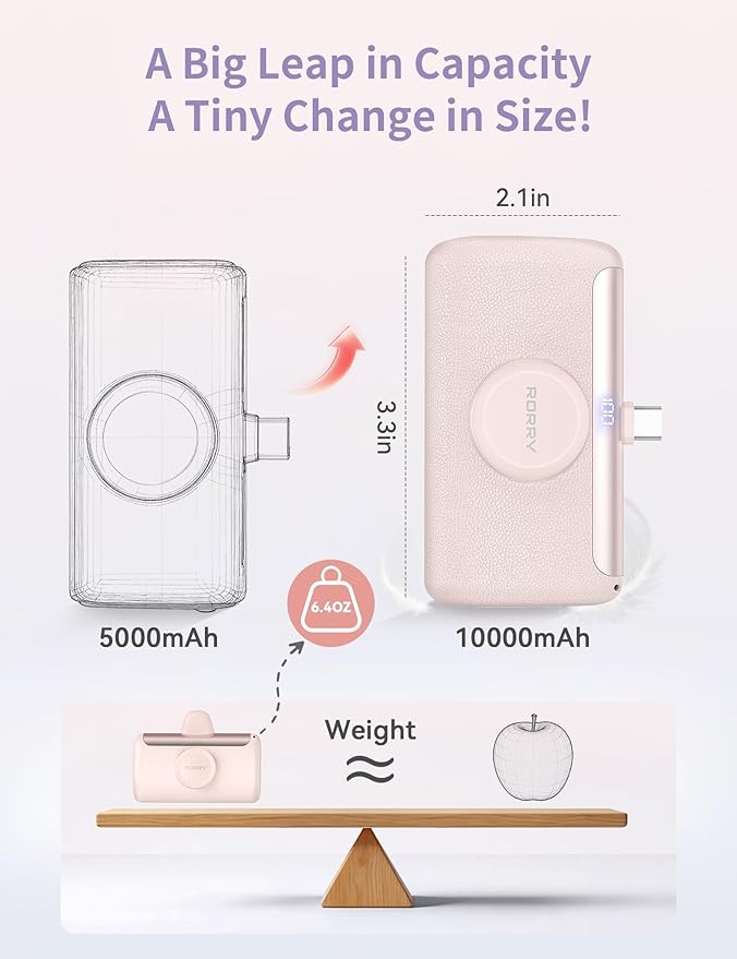 RORRY PalmGo Portable Charger, 10000mAh PD 22.5W Fast Charging Mini Power Bank with Built-in USB C Connector, 3-in-1 Battery Pack for iPhone 17/16/15 Pro/Max, Apple Watch Ultra/11/10/SE, iPad, Pink - Image 3