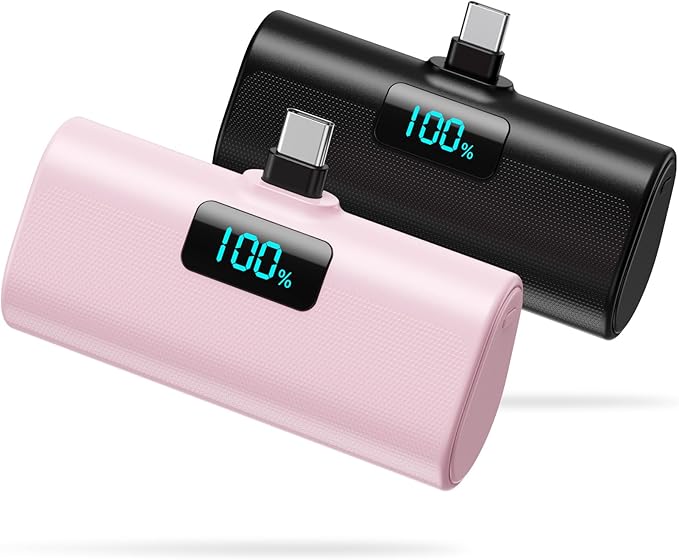 [2-Pack]Portable Charger for iPhone 17/16/15 Series,Upgraded 5200mAh PD USB C Power Bank Built-in USB-C Connector, Battery Pack Compatible with iPhone 17/17 Pro Max/16/15,Samsung,Android (Black+Pink) by HETP