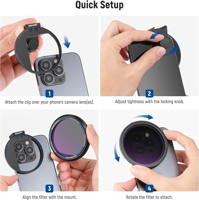 NEEWER 67mm Clip On Variable ND2-ND32 Phone Lens Filter Kit, Phone Clip - Image 6