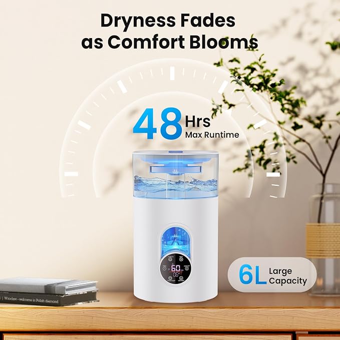 Humidifiers for Bedroom Large Room Home - GloryAir 6L Quiet Top Fill Cool & Warm Mist Humidifier with Smart Humidity Control, Remote Control, 7-Color Light, Humidistat, Oil Diffuser - Image 7