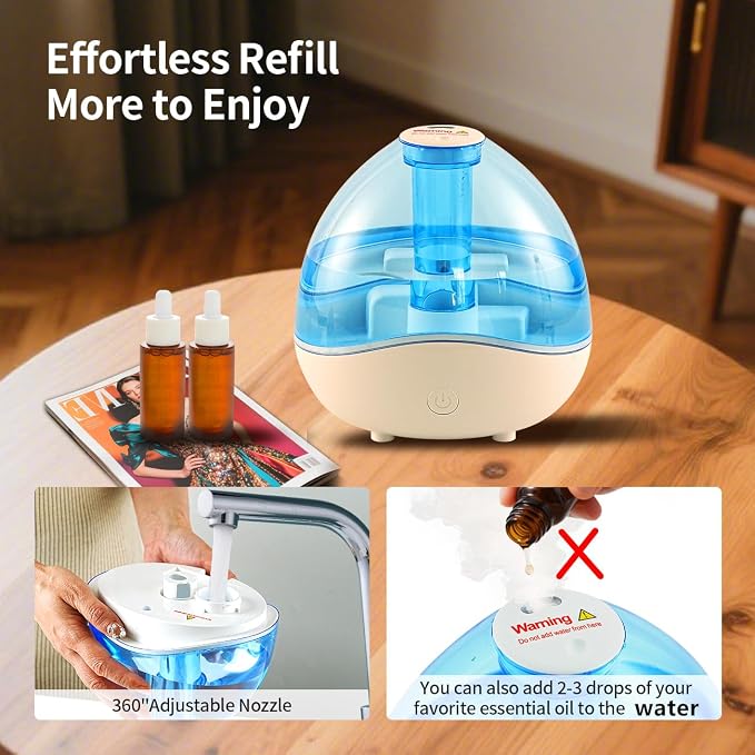 Cool Mist Humidifiers for Bedroom & Large Room (1.5L Water Tank) Quiet Ultrasonic Air Humidifier For Babies Nursery, Office, Indoor Plants & Whole House -Adjustable 360 Rotation Nozzle, Auto-Shut Off - Image 4