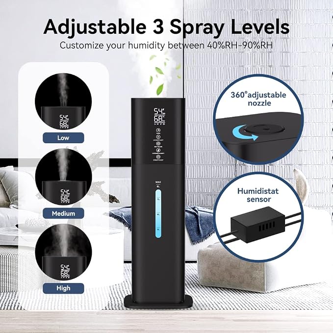 Humidifiers Large Room Bedroom with 7 Colors Light, 2.1Gal(8L) 3 Speed Quiet Ultrasonic Cool Mist Humidifier with 360° Nozzle, Humidity Setting, Timer,Aroma Box for Home Plant Baby Yoga Sleep (Black) - Image 4