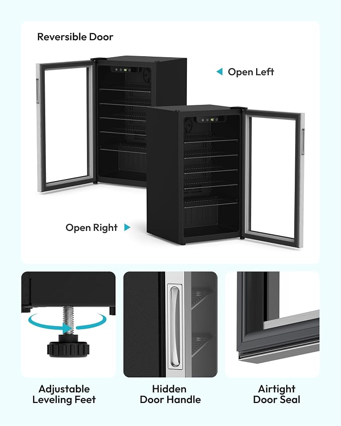 EUHOMY Wine Cooler, 128 Can Wine Fridge with Glass Door for Soda Beer or Wine, Mini Fridge for Home, Office, Bar with Removable Shelves, Silver - Image 9