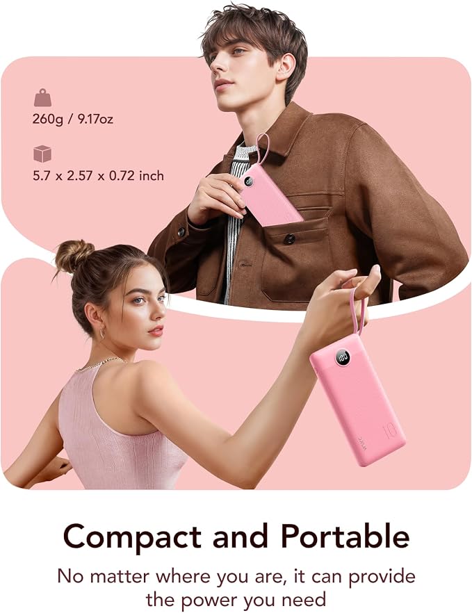 VRURC Portable Phone Charger, Travel Portable Charger with 4 Cables, 5 Outputs 2 Inputs Slim USB C Power Bank, Built-in Cables Cords for iPhone 17 16 15 14 13,Samsung,Android-Barbie Pink(1 Pack) - Image 2