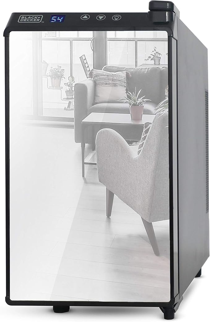 BLACK+DECKER 8-Bottle Thermoelectric Wine Chiller, BD60326, Mirrored Door | Thermoelectric Wine Cooler with Temperature Control, 8 Bottle Fridge for Reds, Whites and More, LED Display, Chrome Racks by Unknown