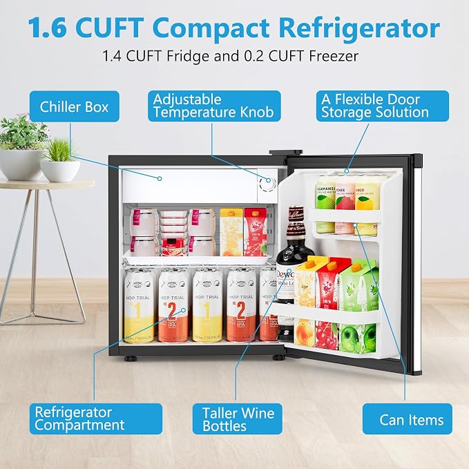 Electactic 1.6 Cu.ft Mini Fridge, Compact Single Reversible Door Refrigerator, Adjustable Thermostat, Ultra Quiet, Energy Efficient for Office, Dorm, Bedroom, Apartment -Silver - Image 2