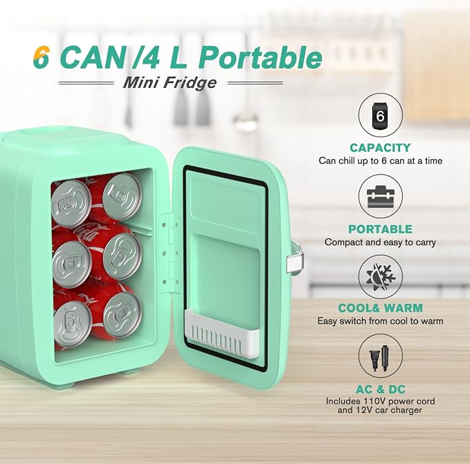CROWNFUL Mini Fridge, 4 Liter/6 Can Portable Cooler and Warmer Personal Refrigerator for Skin Care, Cosmetics, Beverage, Food,Great for Bedroom, Office, Car, Dorm, ETL Listed (Green) - Image 2