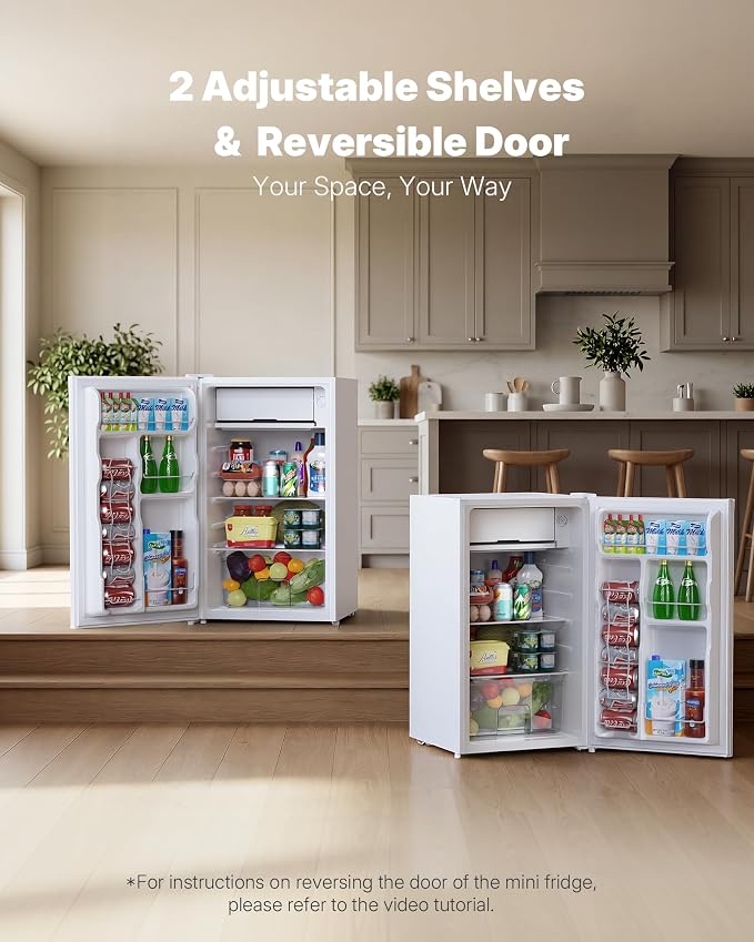 Upstreman 3.2 Cu.Ft Mini Fridge with Freezer, White-BR321 | Adjustable Thermostat, Energy Saving, Low Noise, Reversible Door, Small Refrigerator for Dorm, Bedroom, Office - Image 5