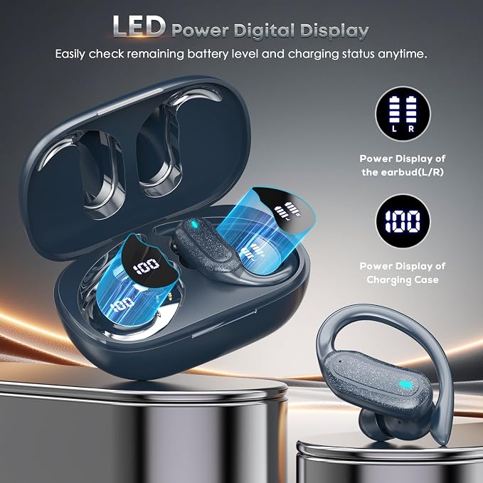 TRAUSI Wireless Earbuds Bluetooth Headphones, 54H Playtime Stereo Over Ear Buds with ENC Noise Cancelling, LED Power Display, IPX7 Waterproof Sport Earphones wih Earhooks for Running/Workouts Blue - Image 5