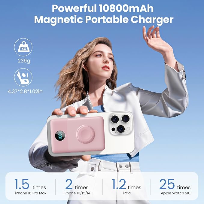 Magnetic Portable Charger for MagSafe with Built-in Cable,iWatch Charger,10800mAh Wireless Power Bank Travel Essentials,25W PD Fast Charging Battery Pack for iPhone 17/16/15/14/13/12,Apple Watch-Pink - Image 2