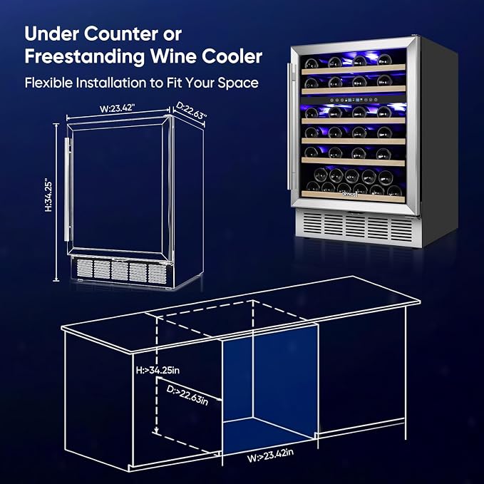 24 Inch Wine Cooler Refrigerator, 52 Bottle Dual Zone Wine Fridge with Stainless Steel Glass Door, Adjustable Shelves, Upgraded Compressor, Built-In Freestanding for Home, Bar, Kitchen - Image 4