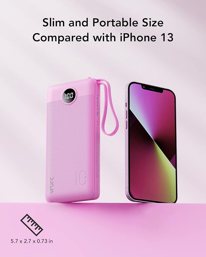 VRURC Portable Charger 10000mAh, Travel Essentials Battery Pack, 5 Output 2 Input Power Bank, Built-in Micro & USB C Cables Phone Charger for iPhone 17 Pro 17 16 15 14 13,Android-Purple(1 Pack) - Image 5