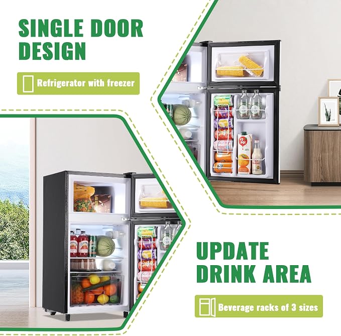 Mini Fridge with Freezer Two Doors Compact Refrigerator with 7 Setting Adjustable Thermostat Crisper Drawer & Removable Shelves Extra Drink Space Low Noise Freezer-on-Top Refrigerator, Silver - Image 4