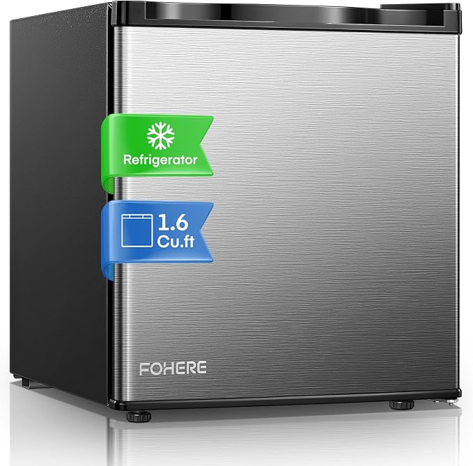 Mini Fridge with Freezer for Office, 1.6 Cu.ft Compact Mini Refrigerator Drinks for Bedroom, Energy Saving 7-Level Adjustable Thermostat, Small Refrigerator for Dorm, Hotel, Stainless Steel by HOME