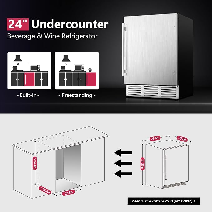 24 Inch Beverage Refrigerator, 180 Cans Undercounter Beverage Fridge with Stainless Steel for Home and Patio Use, Outdoor Refrigerator for Soda, Beer, Wine - Image 7