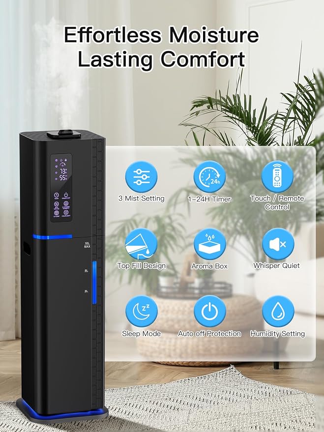 10L/2.64Gal Humidifier, Top Fill Quiet Ultrasonic Cool Mist Humidifiers for Bedroom, Covers 550ft², 60H Runtime, 24H Timer, 3 Mist Modes Humidifier Large Room, Home, Office, Plants, Black - Image 4