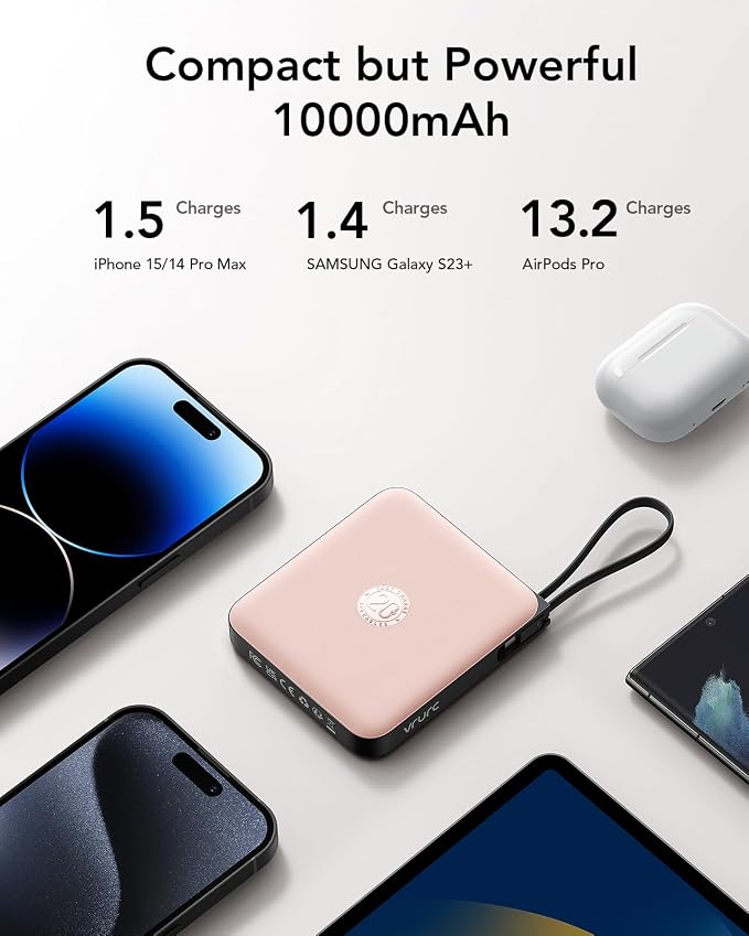 VRURC Portable Charger for iPhone Built-in Cables, 22.5W USB C Fast Charging 10000mAh Pocket Power Bank, Battery Pack for iPhone 17 16 & Samsung Galaxy S26 S25 etc Android, Pink(1 Pack) - Image 6