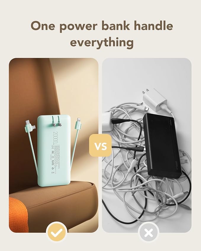 charmast Portable Charger with Built-in Cables and Wall Plug, 20000mAh 20W USB C Power Bank Fast Charging Battery Pack Compatible with iPhone iPhone 16/15/14/13 Series, Samsung Google iPad etc - Image 5