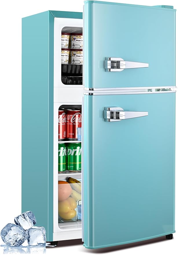Anypro 3.2 Cu.Ft Refrigerator, Retro Double Door Fridge with Freezer, 7 Adjustable Temperature Settings, Removable Glass Shelves for Dorm, Office, Bedroom, Apartment, Blue by Anypro