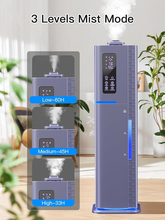 10L/2.64Gal Humidifiers for Bedroom, Top Fill Quiet Ultrasonic Cool Mist Humidifier Large Room, Covers 550ft², 60H Runtime, 24H Timer, 3 Mist Modes Humidifiers for Home, Office, Plants, Purple - Image 3