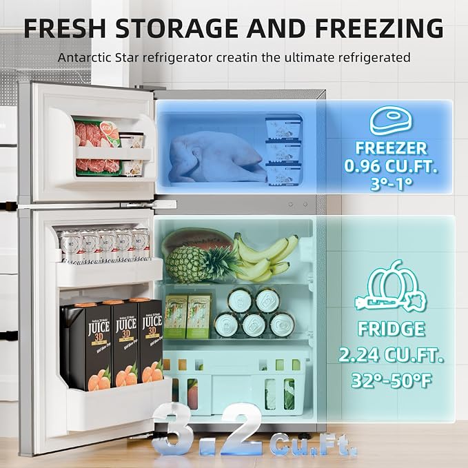 Antarctic Star Compact Refrigerator with Freezer,2 Door Mini Fridge,Adjustable Shelf,Adjustable Thermostat,for Bedroom,Office,Dorm,Kitchen,3.2 Cu.Ft.GREY - Image 3