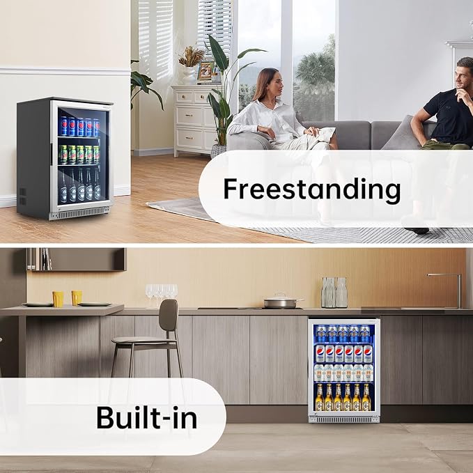 Weili 20 Inch Under Counter Beverage Refrigerator with Glass Door, 120 Can | Built-in/Freestanding, Lock, 3.2 Cu.Ft, Stainless Steel, Adjustable Shelves, Beer Soda Drink Fridge, for Home Bar Office - Image 7