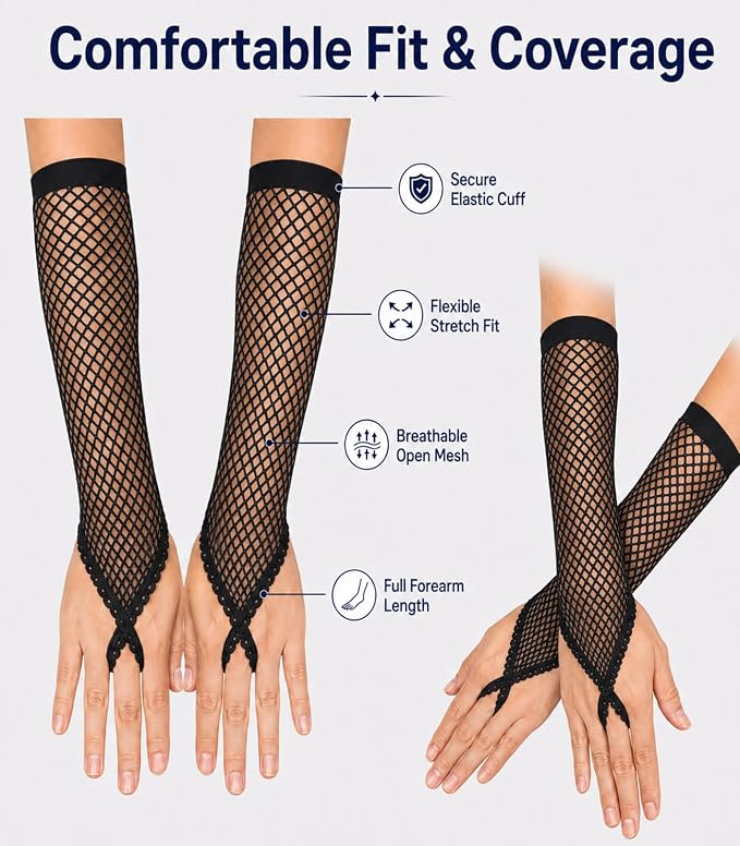Seeksmile Women's Girls 80's Theme Party Emo Fingerless Arm Fishnet Gloves - Image 3