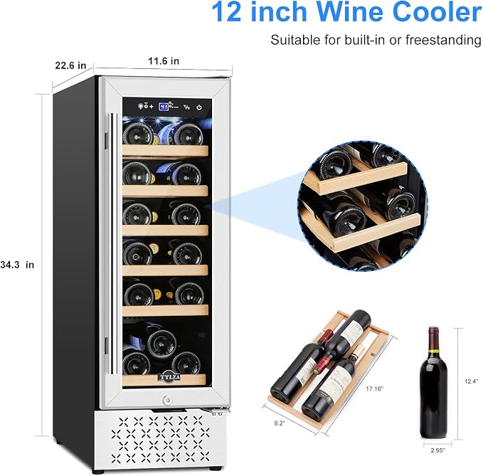 12" Wine Cooler Refrigerator, 18 Bottles Wine Fridge Built-in or Freestanding with Stainless Steel & Double-Layer Tempered Glass Door, Compressor Fast Cooling, Low Noise and No Fog, Mini Fridge - Image 7