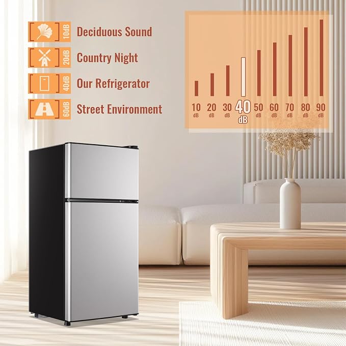 45L Mini Fridge with Double Doors Silver Small Refrigerator with Separate Freezer & 7 Adjustable Temperature Control, Tiny Size & Personal Fridge Ideal for Office Apartment Dorm - Image 7