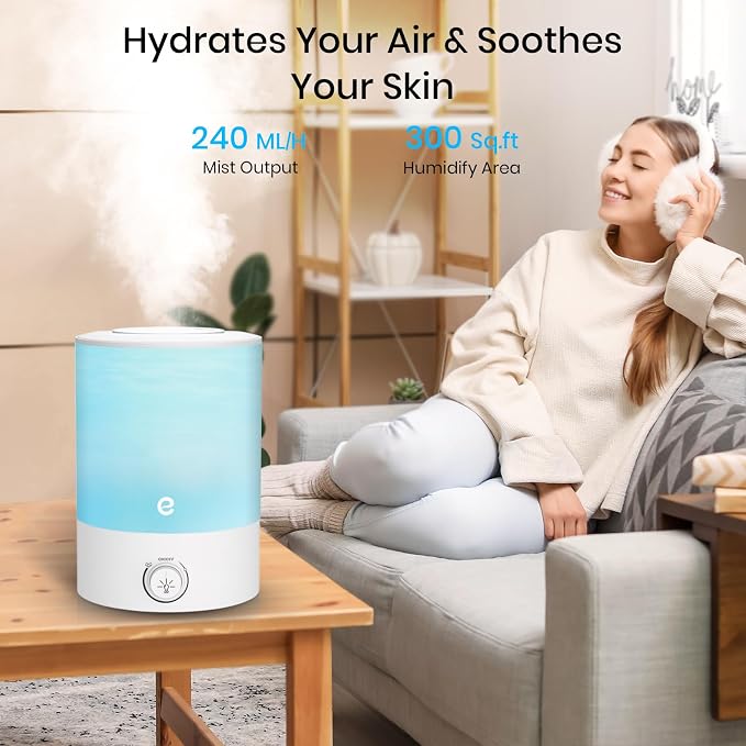 Esemoil Humidifiers for Bedroom, 2.5L Cool Mist Ultrasonic Air Humidifier with Top Fill & Quiet, 360° Nozzle, BPA Free, 25 Hour Diffuser with 8 Color Light & Auto Shut-off for Home Baby Nursery Plants - Image 2