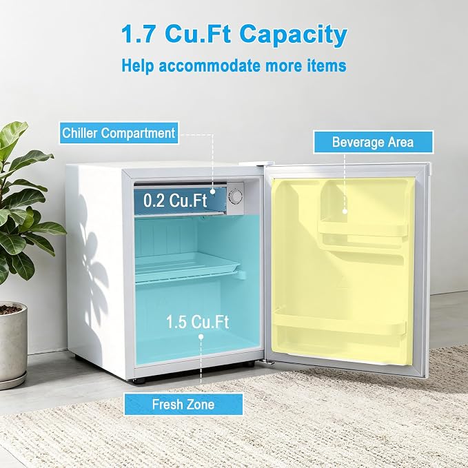 COSTWAY 1.7 Cu.Ft Mini Fridge with Compartment for Dorm Office Bedroom | Compact Small Refrigerator with Adjustable Thermostat, Reversible Single Door & Low Noise, for Drinks Fruits Snacks (White) - Image 4